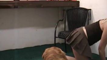 Pretty looking blonde in skirt blows dog